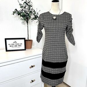 Veronica M Long Sleeve Dress, Black & Ivory Geometric Pattern Size Small